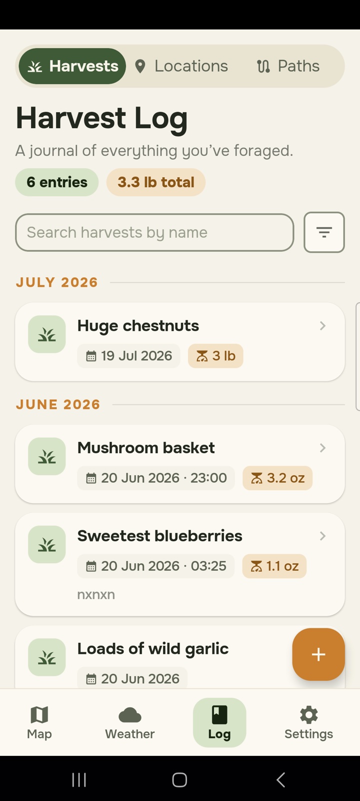 The harvest log, listing entries such as huge chestnuts and sweetest blueberries grouped by month, each with a date and a weight