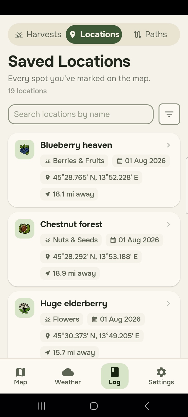 Saved locations list showing nineteen spots, each with its category, date, coordinates and distance away