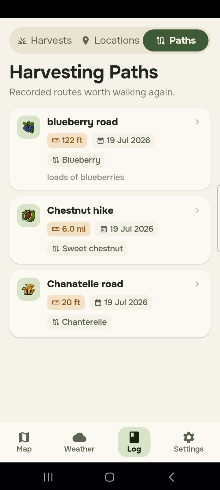 Harvesting paths list with recorded routes, each showing its length, date and the species found along it