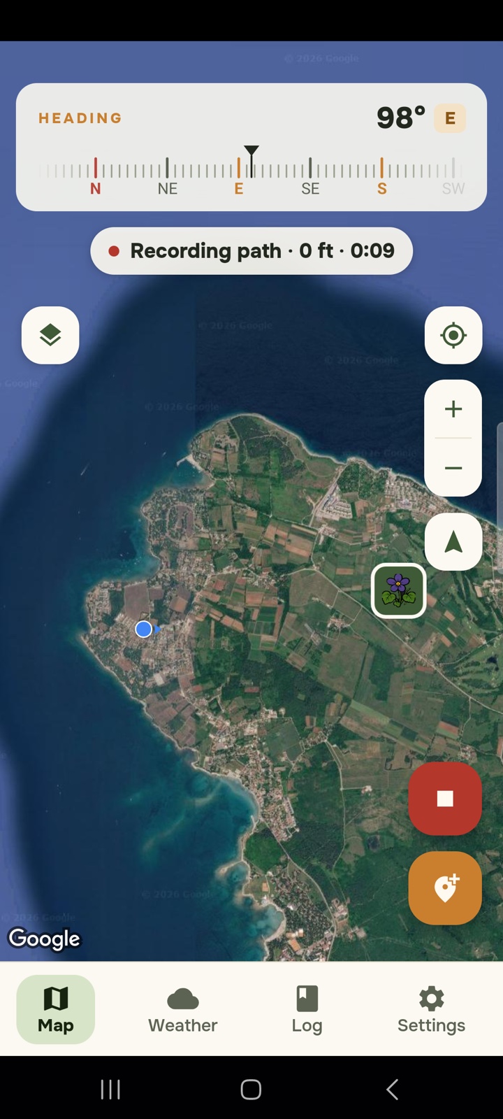 The map while a path is being recorded, showing a Recording path banner with elapsed distance and time, and a stop button
