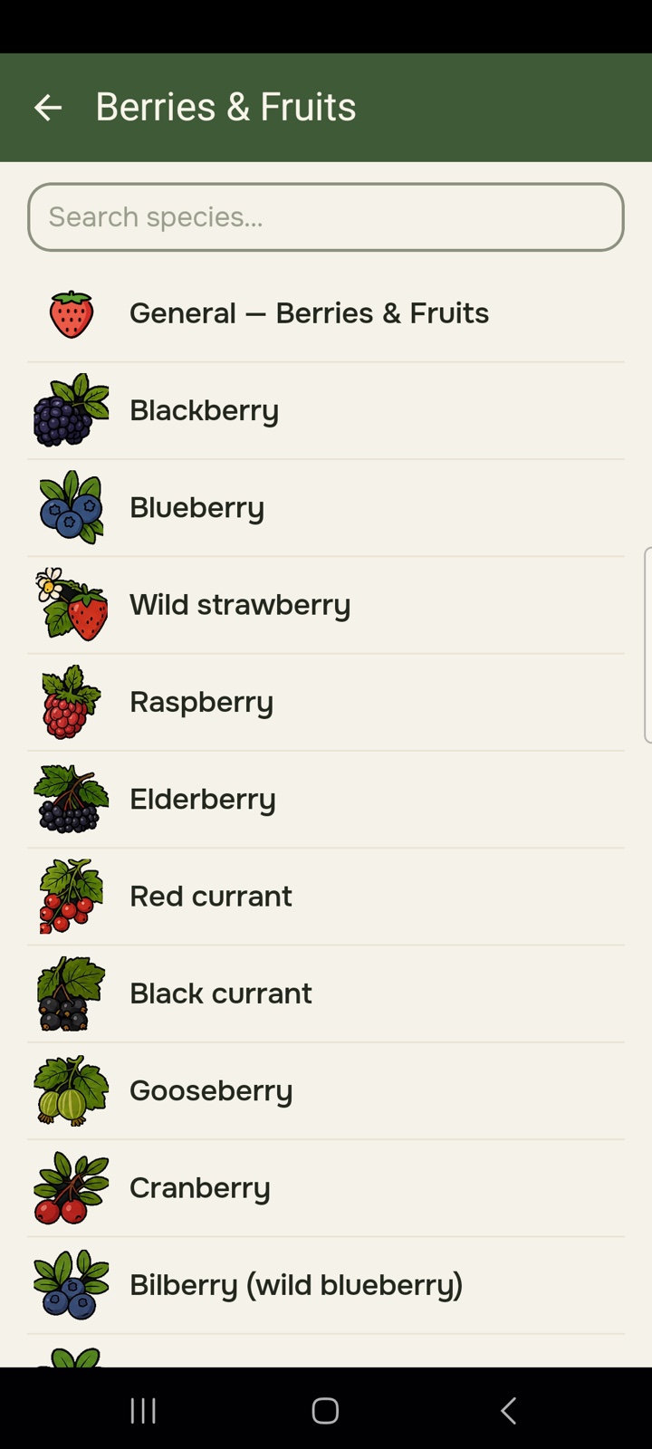 A searchable species list under Berries and fruits, with blackberry, blueberry, wild strawberry, raspberry, elderberry and more