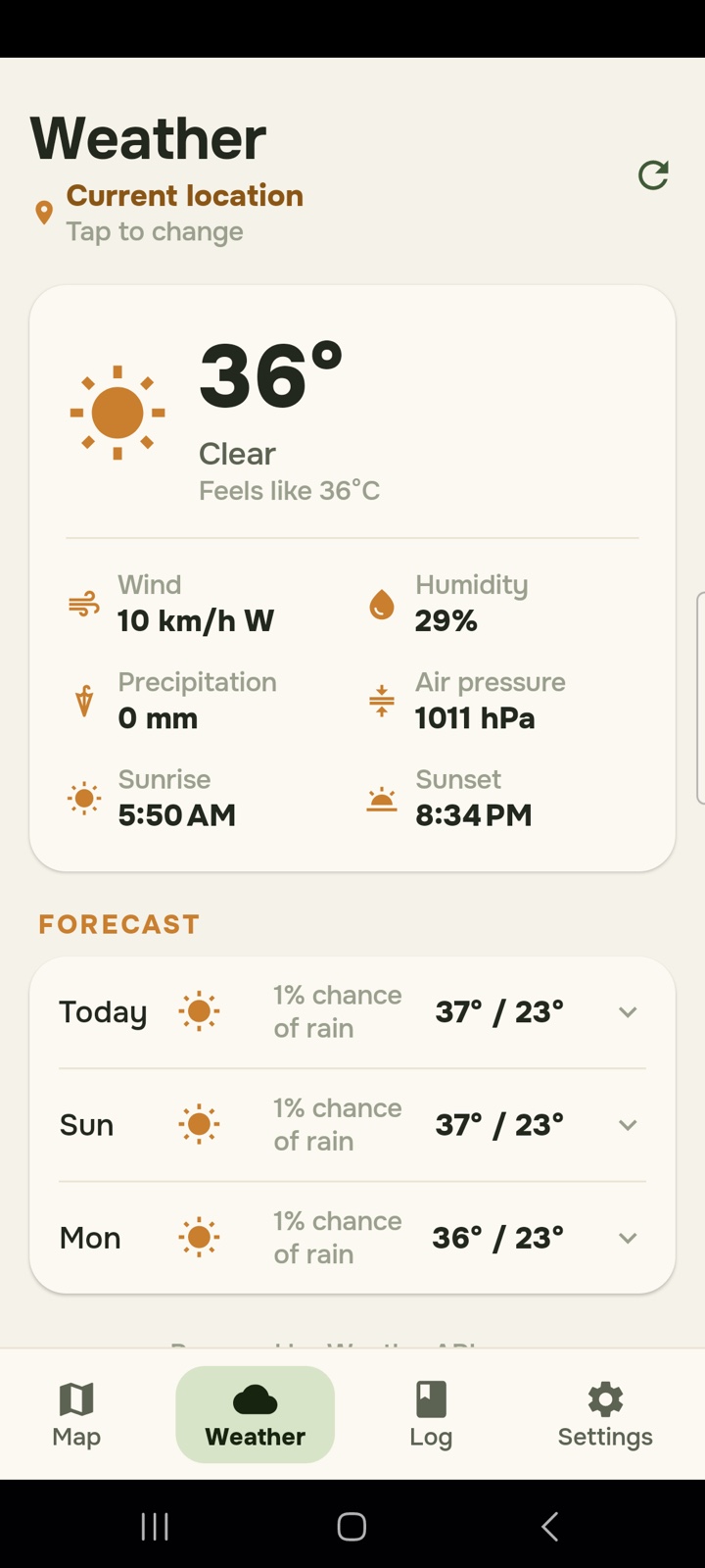 Weather for the current location: temperature, conditions, wind, humidity, sunrise and sunset, and a multi-day forecast